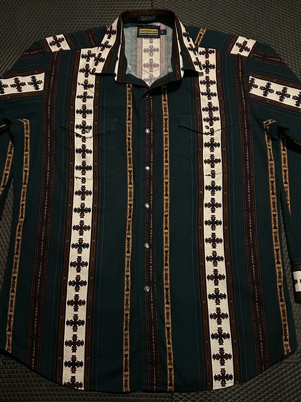 Vintage Panhandle Slim Men's L Western Geometric Button-Up Shirt Green Br Cotton